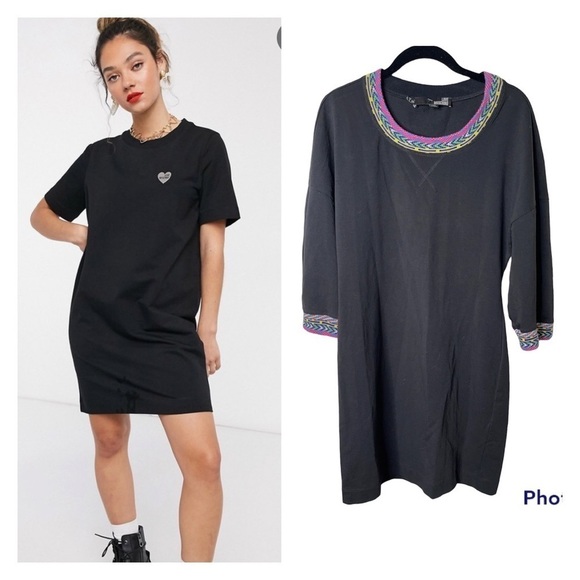 LOVE MOSCHINO Black Aztec Printed Trim T Shirt Mini Dress Size 8 - Picture 1 of 6